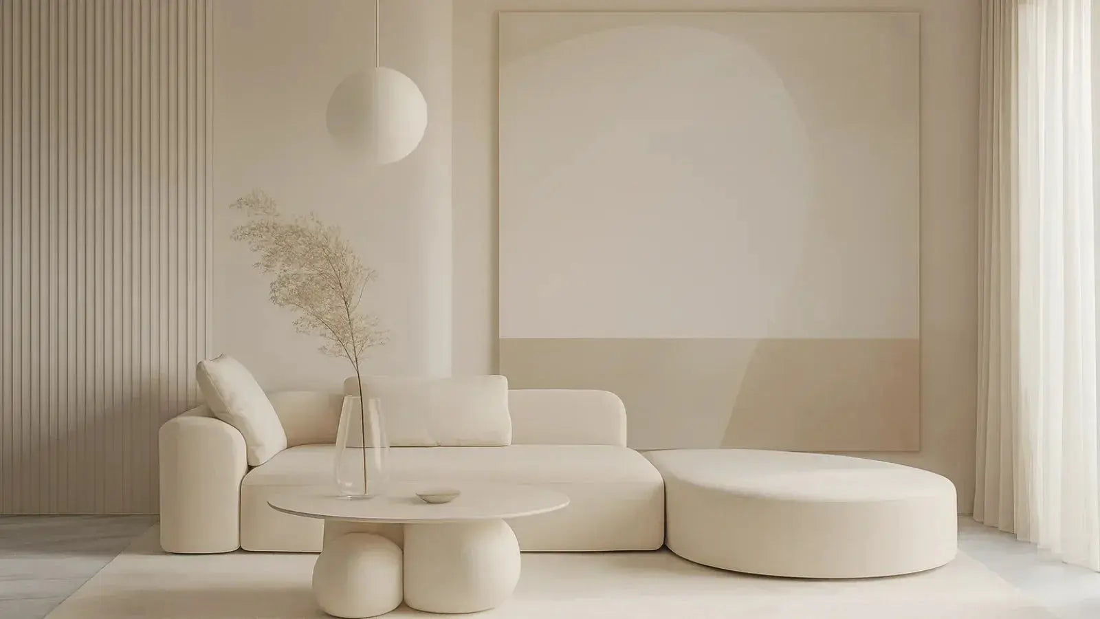 Intérieur scandinave minimaliste et lumineux, aux lignes épurées et matières naturelles, créant une atmosphère douce et sereine. Image