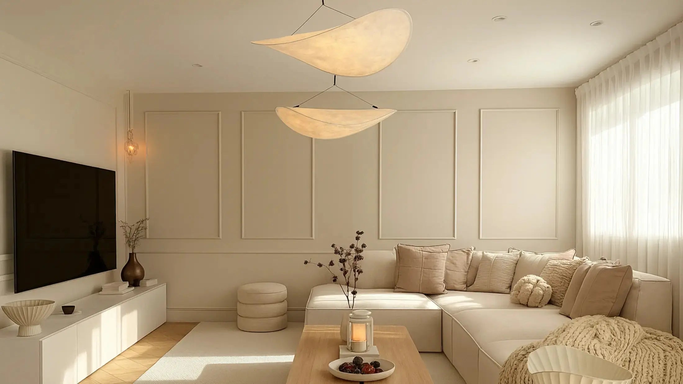 Salon scandinave chaleureux avec luminaires suspendus diffusant une lumière douce, mobilier minimaliste et ambiance apaisante. Image