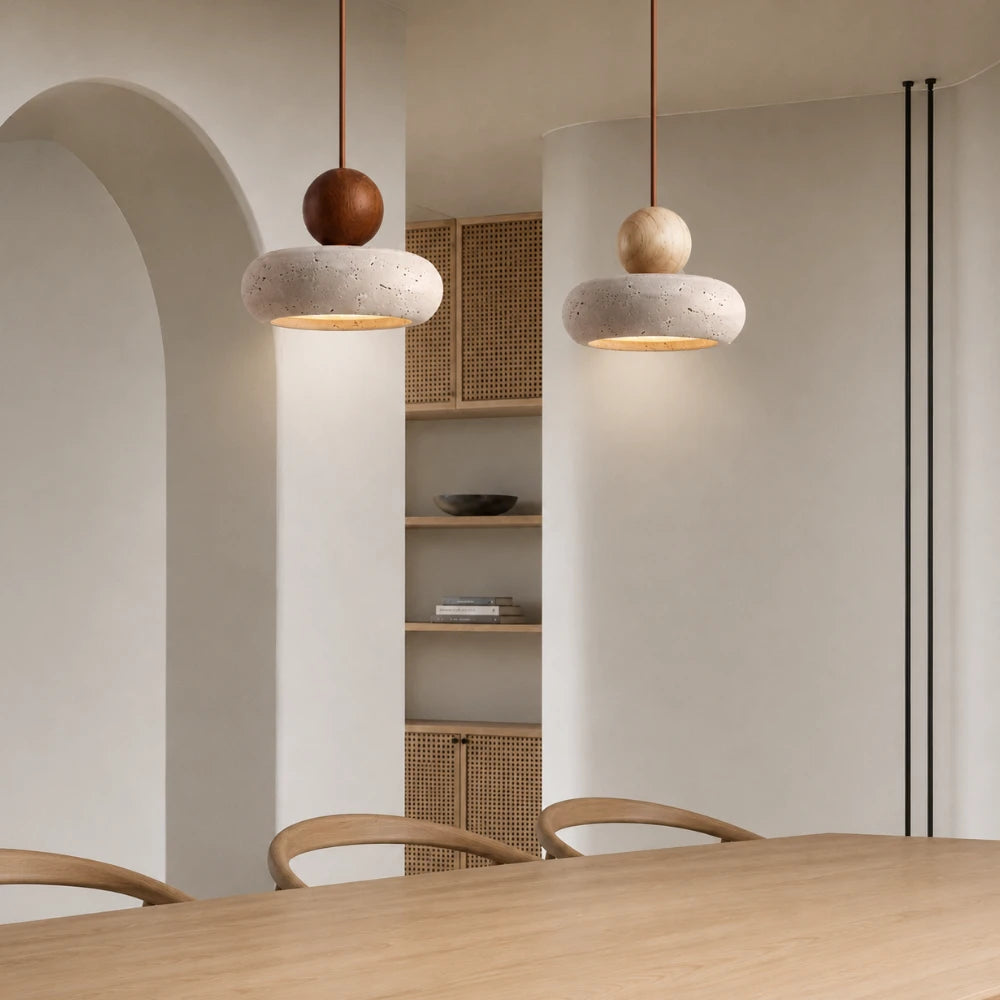 Suspension design minimaliste en travertin & bois | Alva
