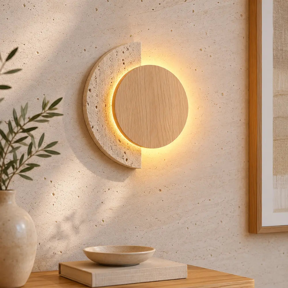 Applique murale design en travertin & bois LED intégrée | Halla