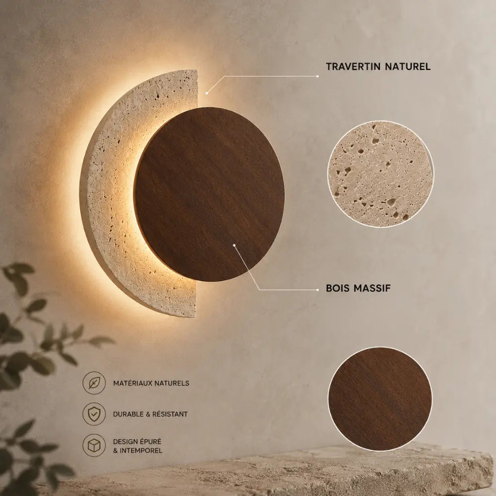 Applique murale design en travertin & bois LED intégrée | Halla