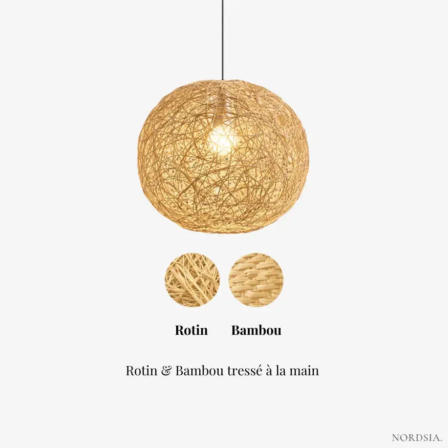 Suspension rotin & bambou design sphérique Ø 30 cm | Liora NORDSIA