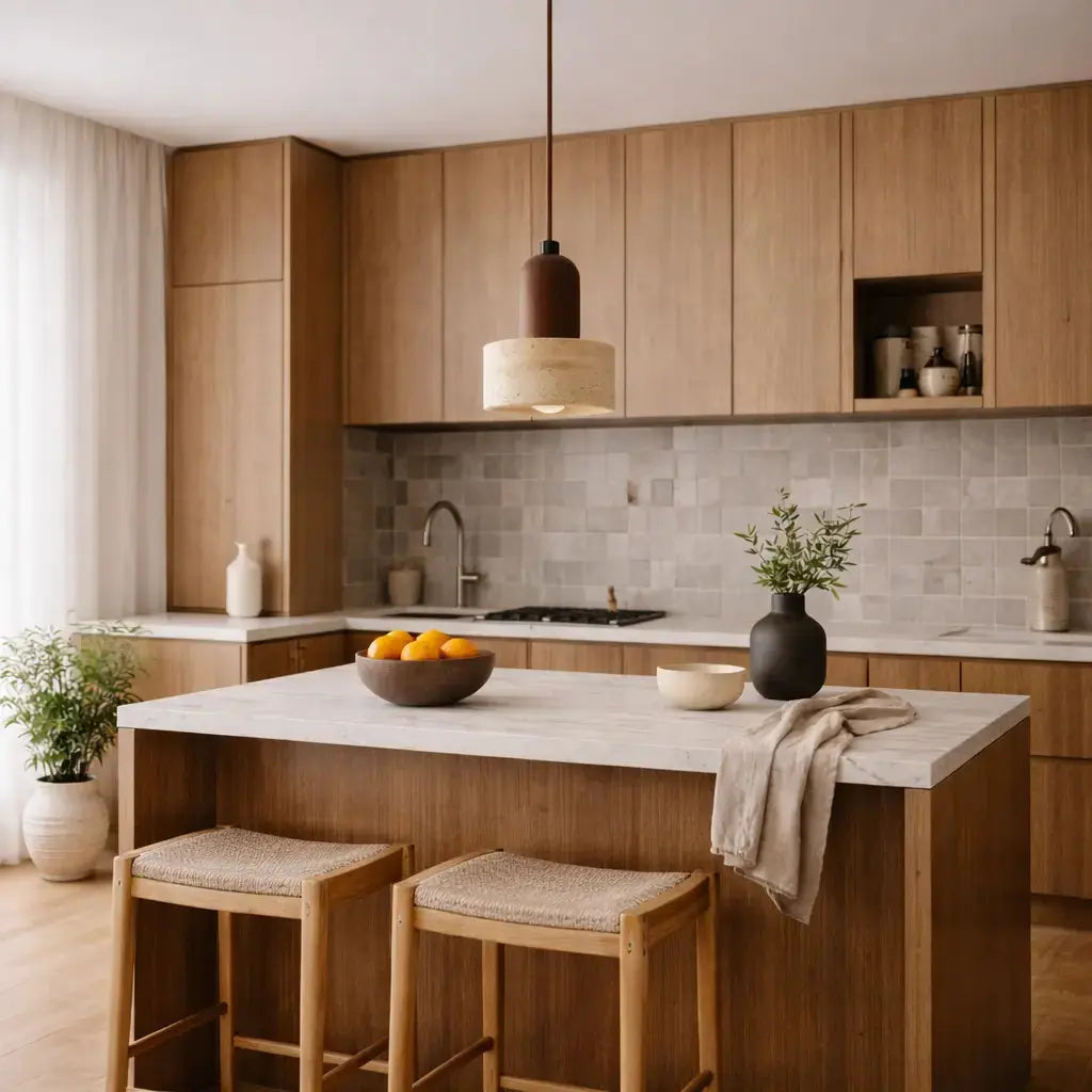 Suspension design épuré en pierre de travertin & bois | Løvik NORDSIA