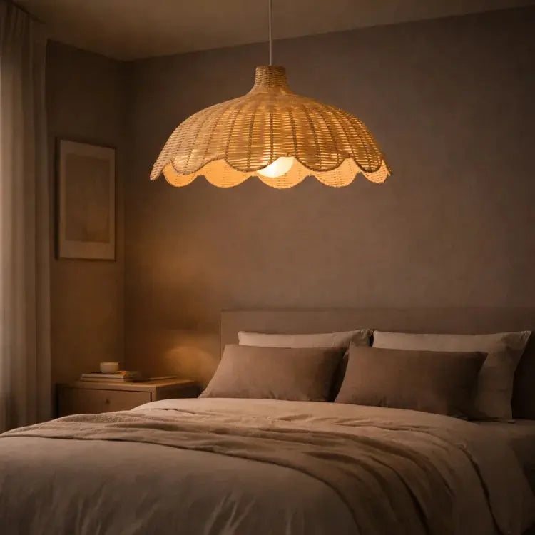Suspension en rotin naturel HEDDA diffusant une lumière chaleureuse dans une chambre au style scandinave apaisant. 