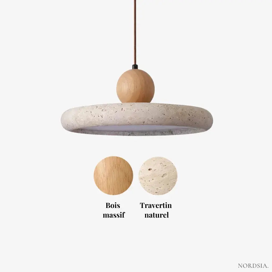 Suspension design scandinave en travertin & bois Ø 30 cm | Lyng NORDSIA