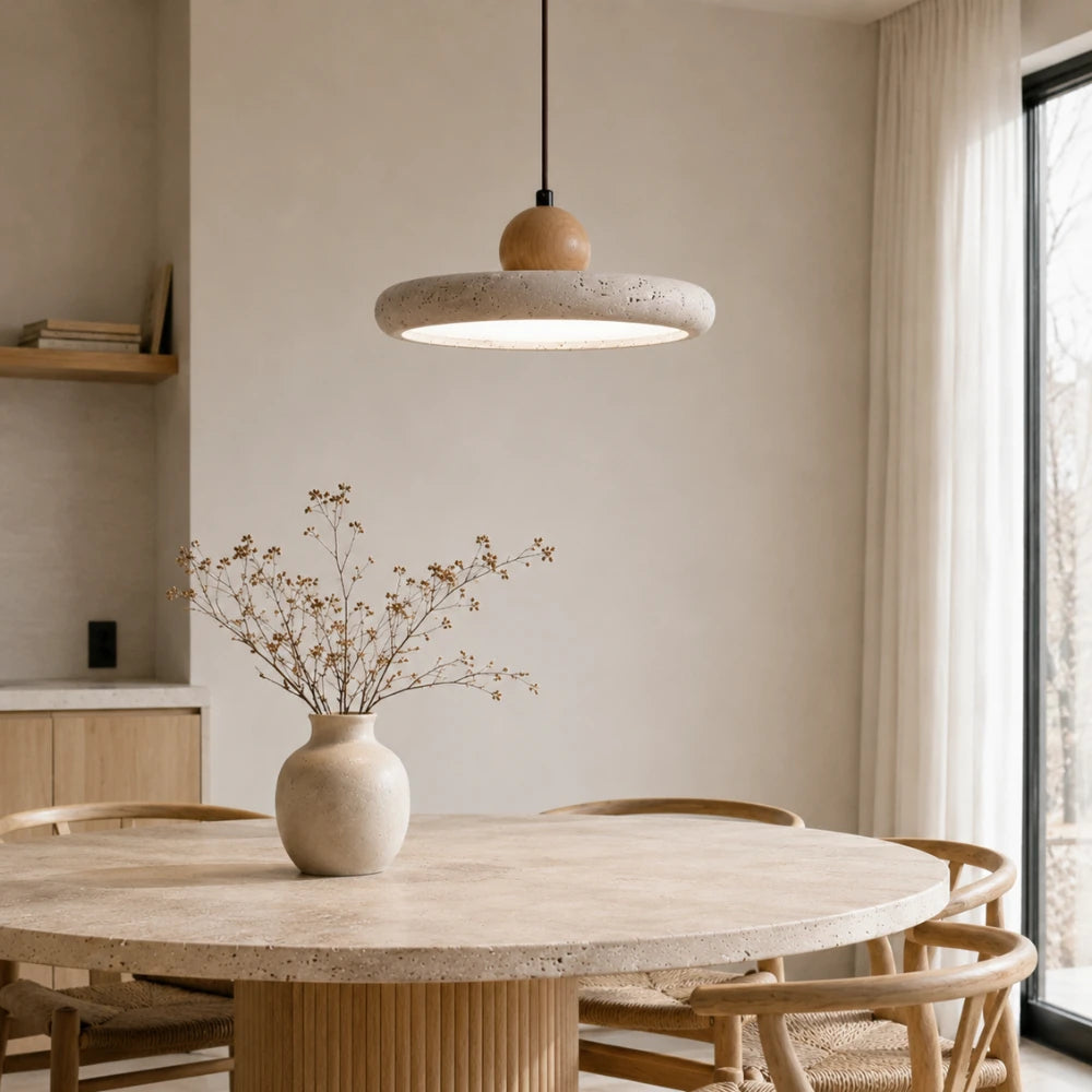Suspension design scandinave en travertin & bois Ø 30 cm | Lyng