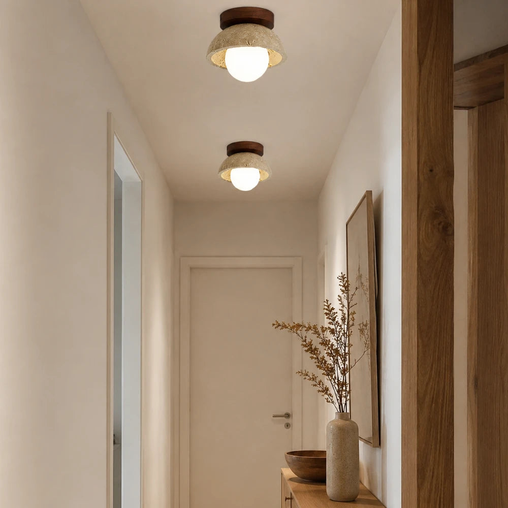 Plafonnier scandinave en travertin & bois noyer | Vare