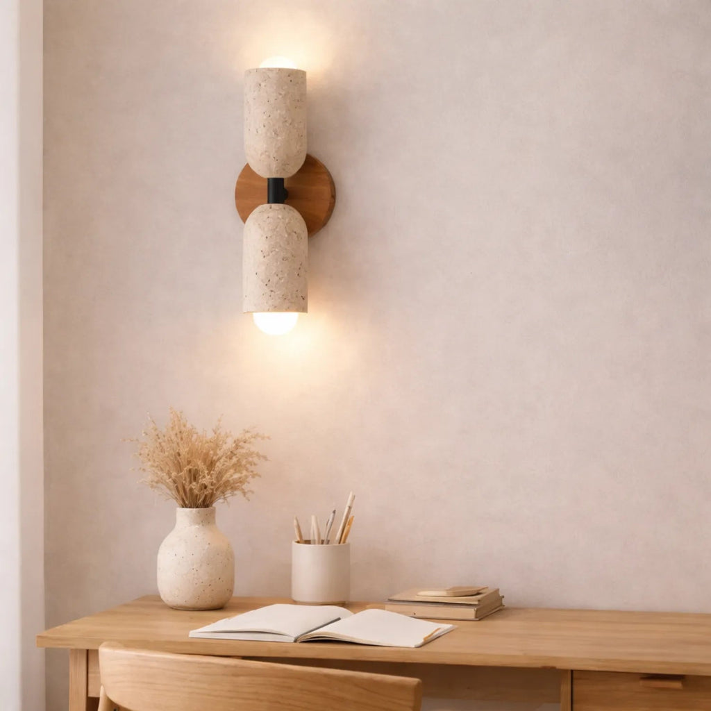 Applique murale scandinave en travertin & bois massif | Velin NORDSIA