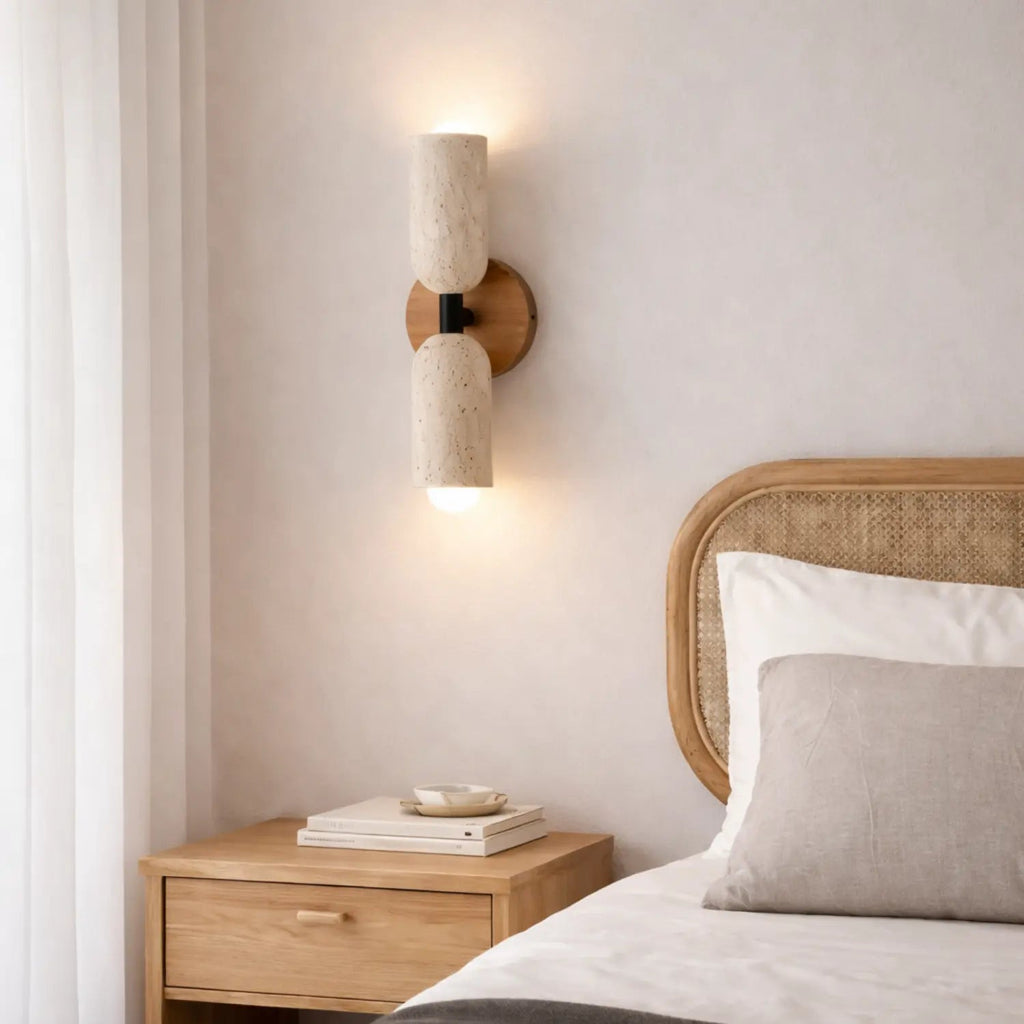 Applique murale scandinave en travertin & bois massif | Velin NORDSIA