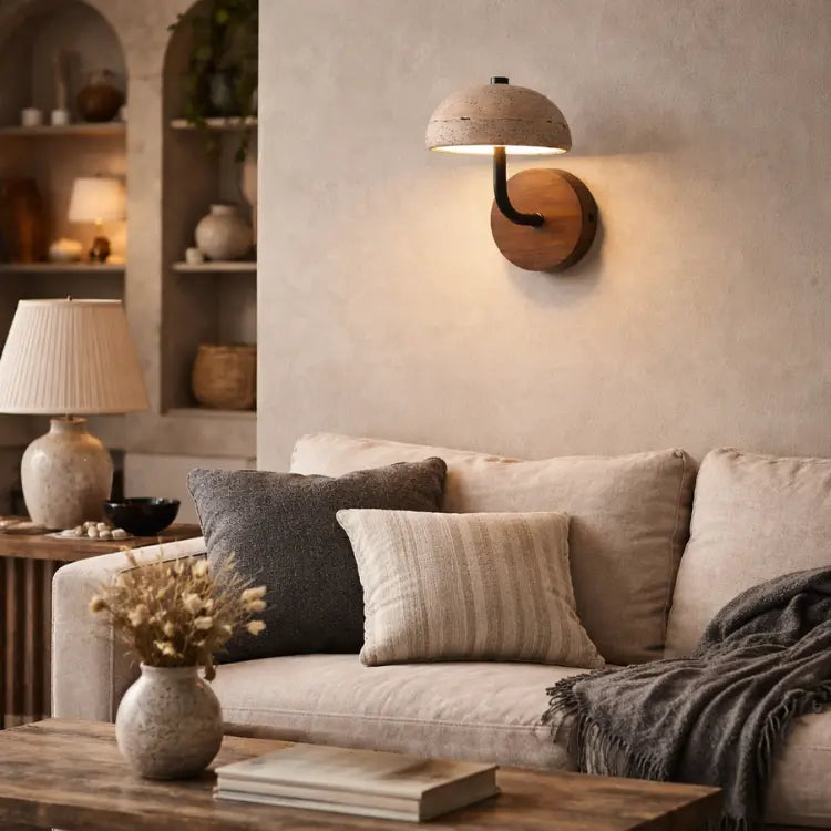 Applique murale Ingrid en travertin et bois diffusant une lumière douce au-dessus d’un canapé, dans un intérieur nordique aux tons naturels.