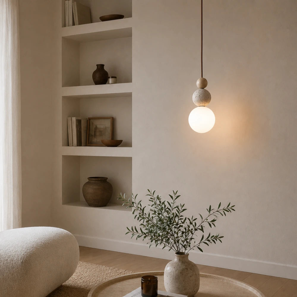 Suspension design nordique travertin & bois | Eiken