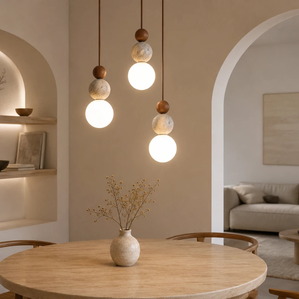 Suspension design nordique travertin & bois | Eiken