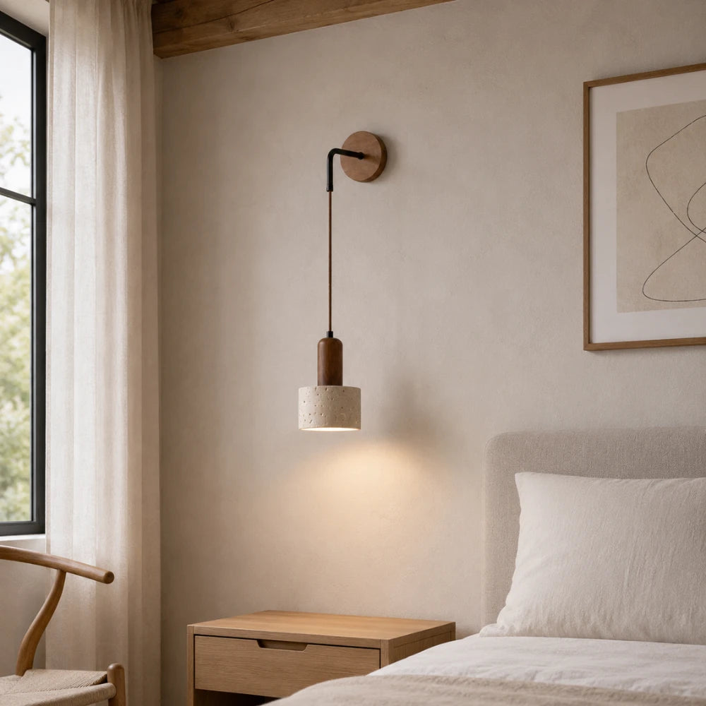 Applique murale scandinave en travertin & bois | Elvik