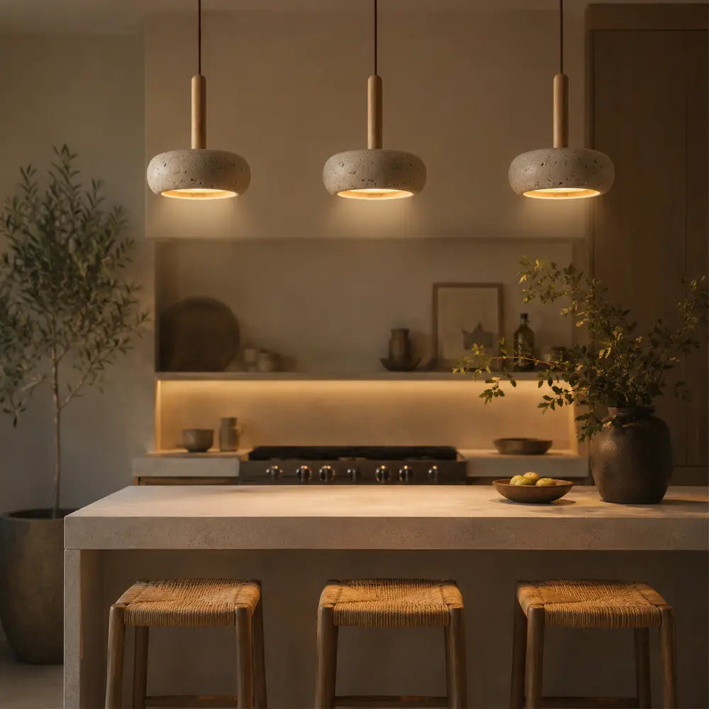 Suspension moderne en travertin & bois | Elys