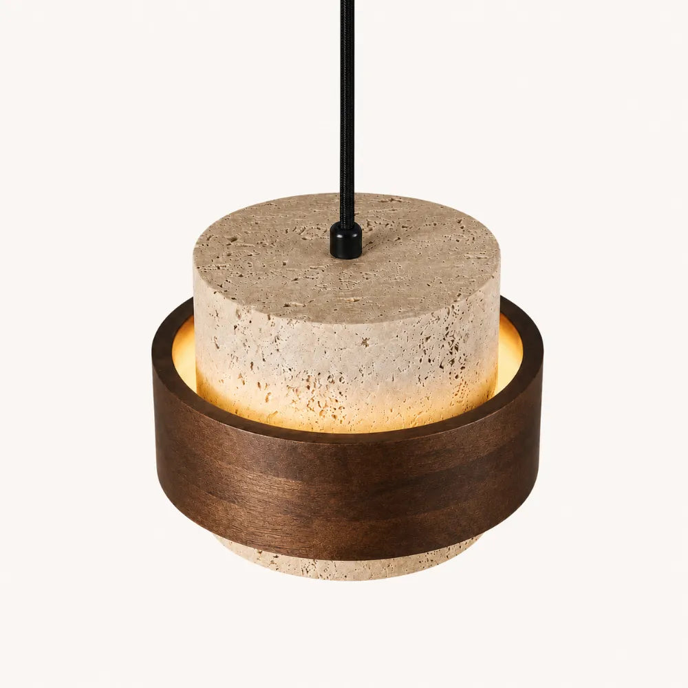 Suspension en travertin & Bois noyer moderne Ø 20 cm | Frya