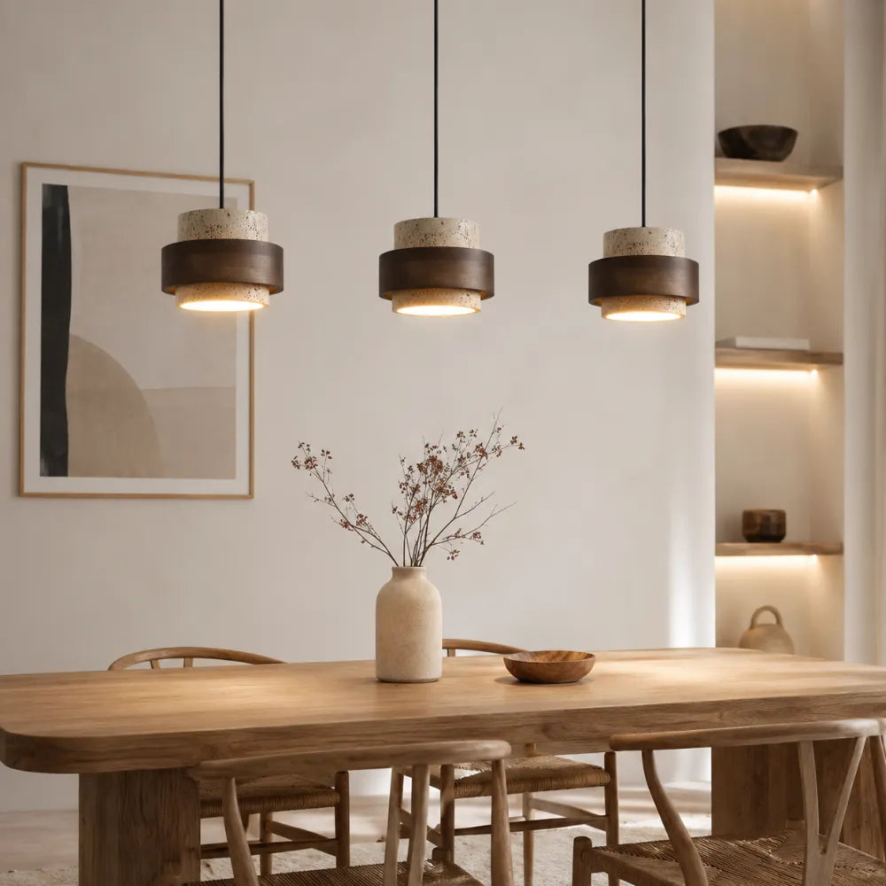 Suspension en travertin & Bois noyer moderne Ø 20 cm | Frya
