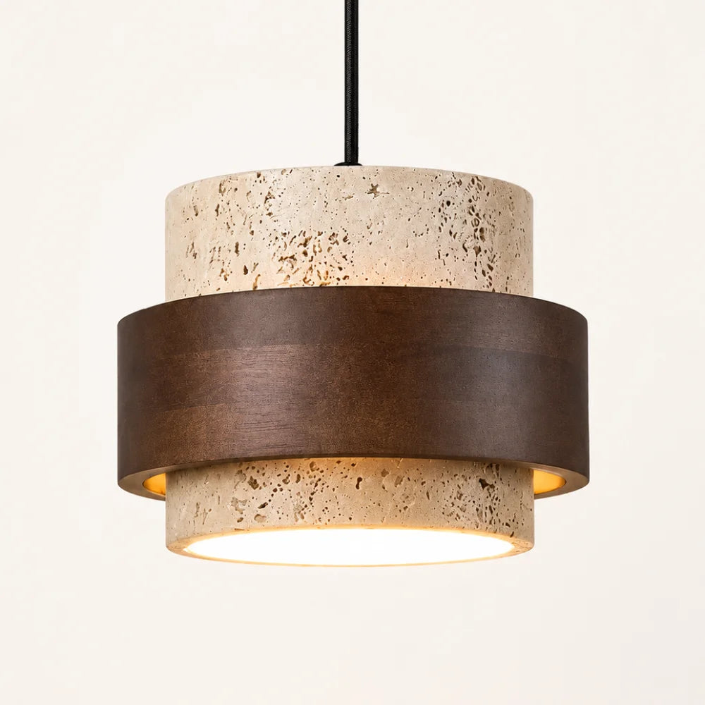 Suspension en travertin & Bois noyer moderne Ø 20 cm | Frya