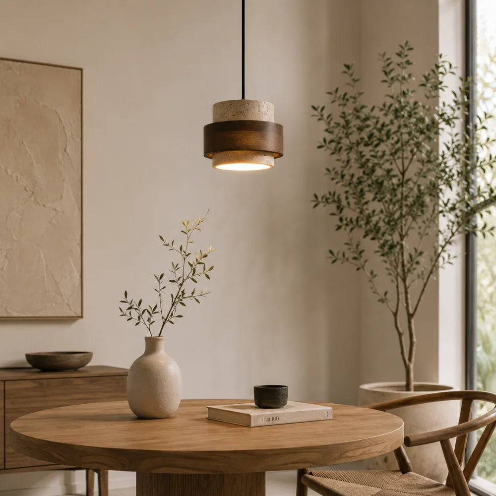 Suspension en travertin & Bois noyer moderne Ø 20 cm | Frya