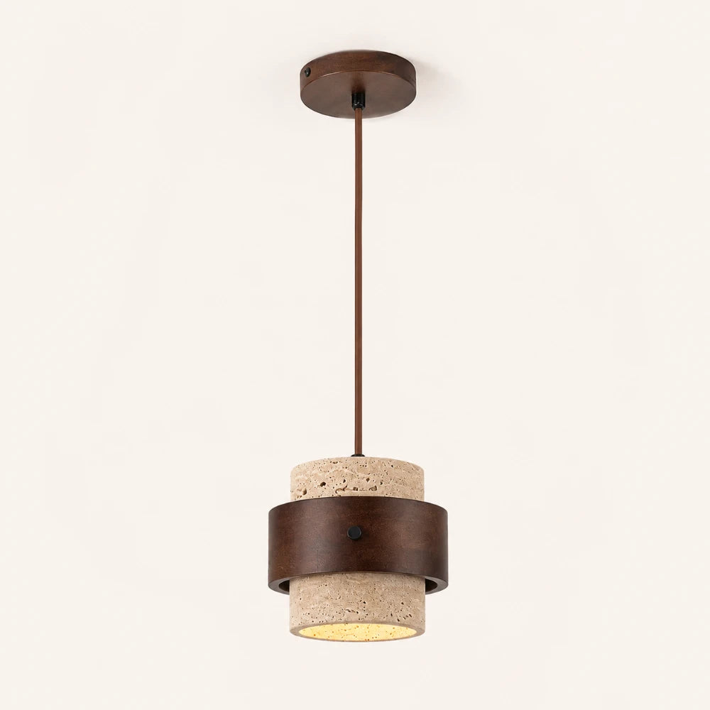 Suspension en travertin & Bois noyer moderne Ø 20 cm | Frya
