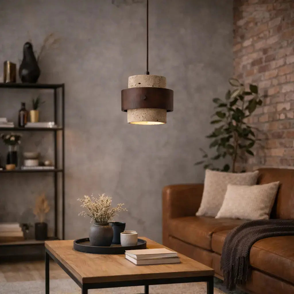 Suspension moderne en travertin & Bois noyer Ø 20 cm | Frya NORDSIA