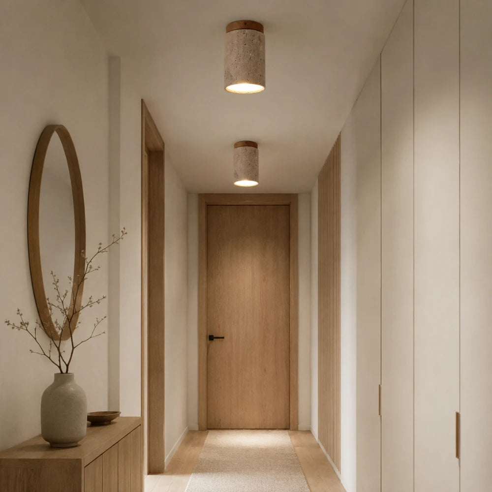Plafonnier en travertin & bois massif moderne | Kara