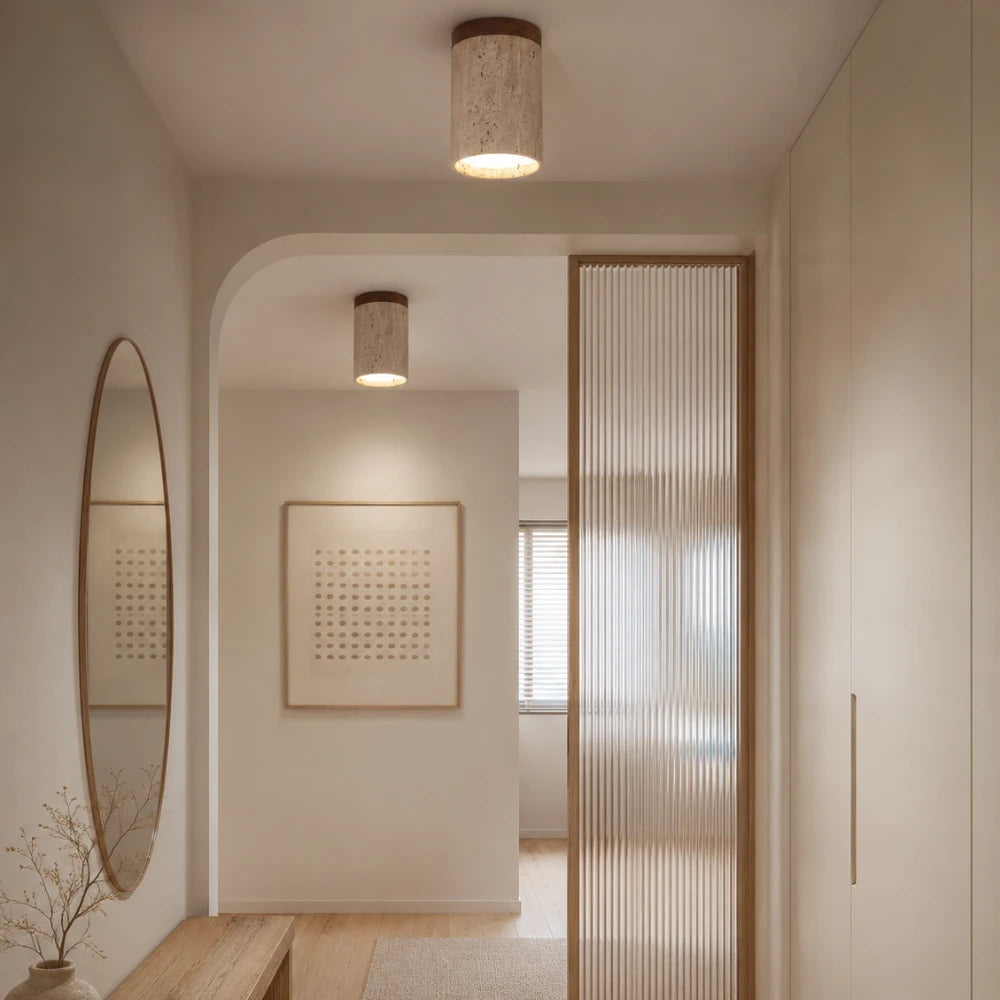 Plafonnier en travertin & bois massif moderne | Kara