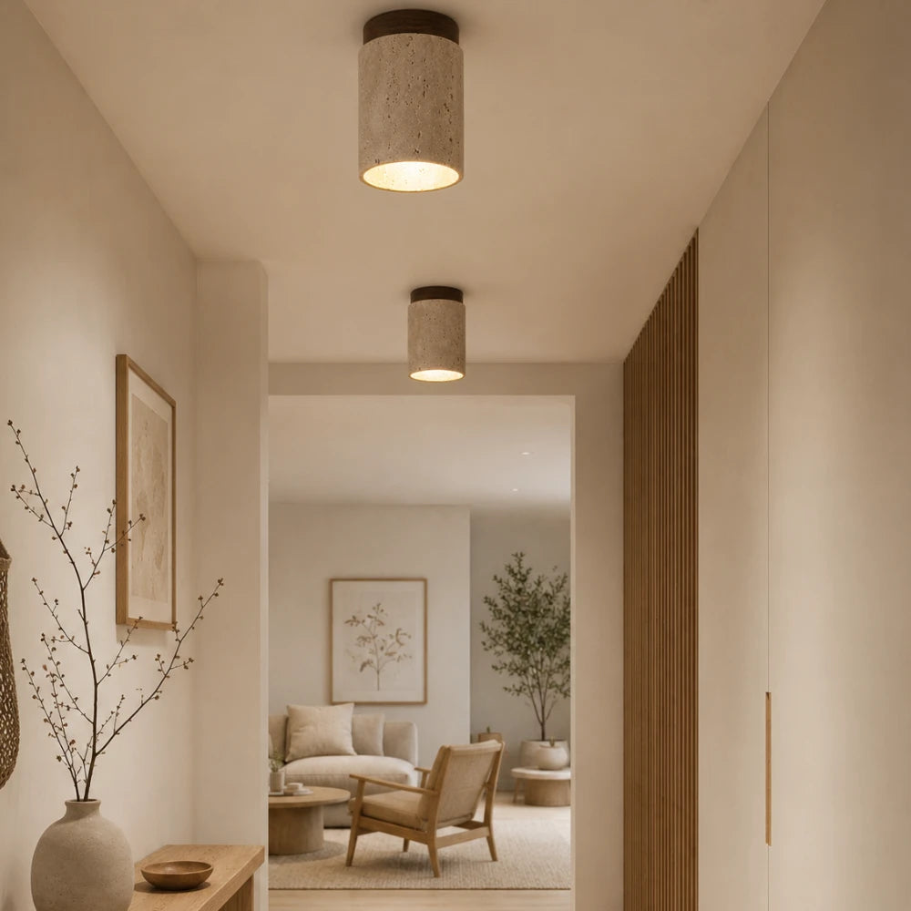 Plafonnier en travertin & bois massif moderne | Kara