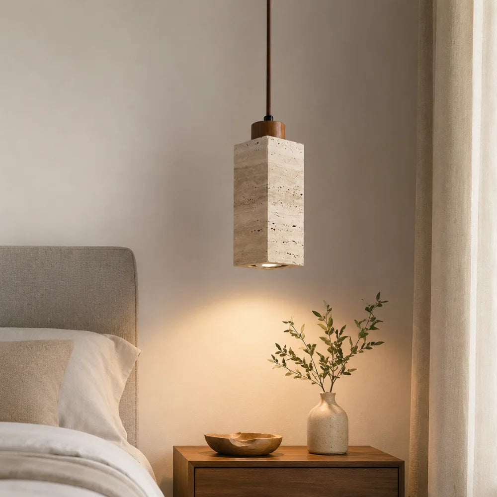 Suspension scandinave en travertin & bois | Koben