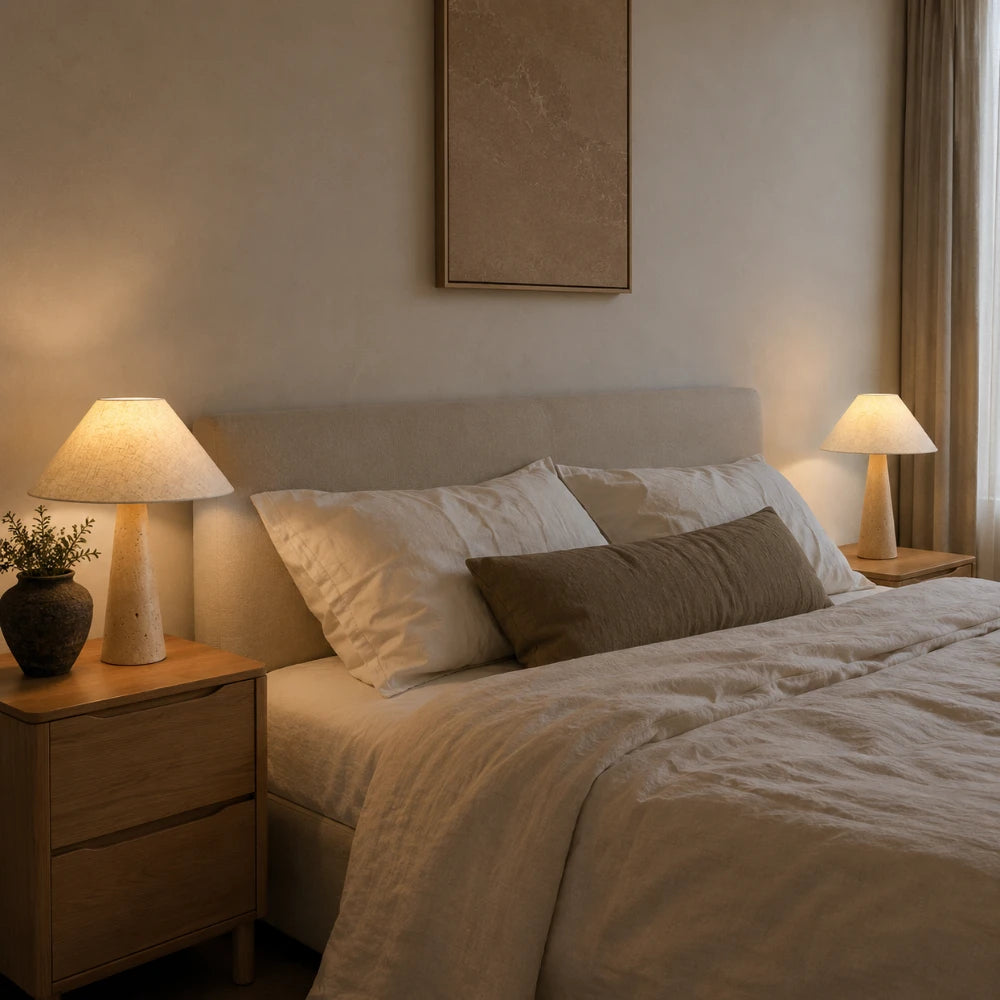 Lampe à poser travertin & tissu | Sila