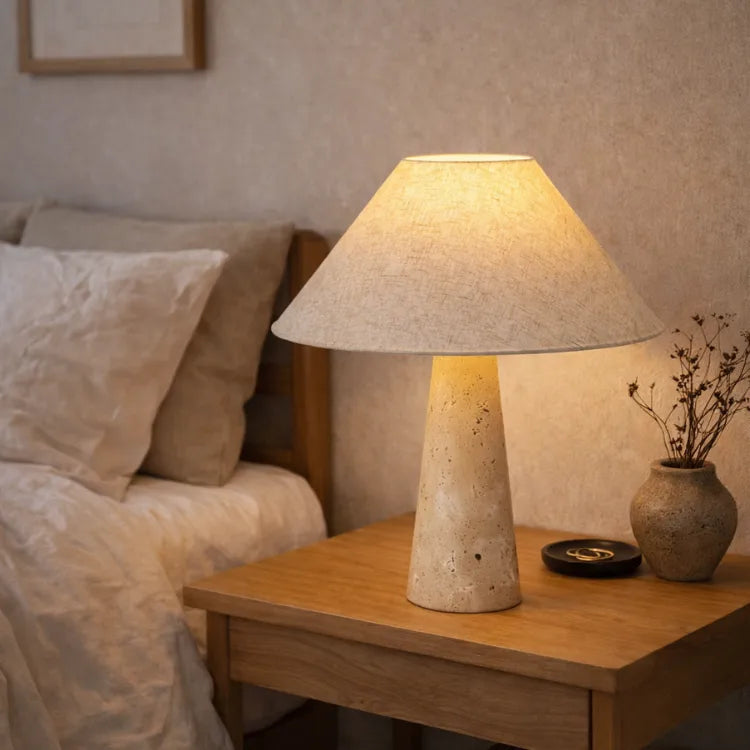 Lampe de chevet en Travertin & Tissu | Sila