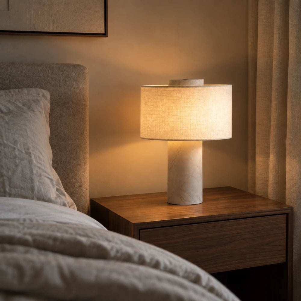 Lampe à poser travertin & tissu | Alba