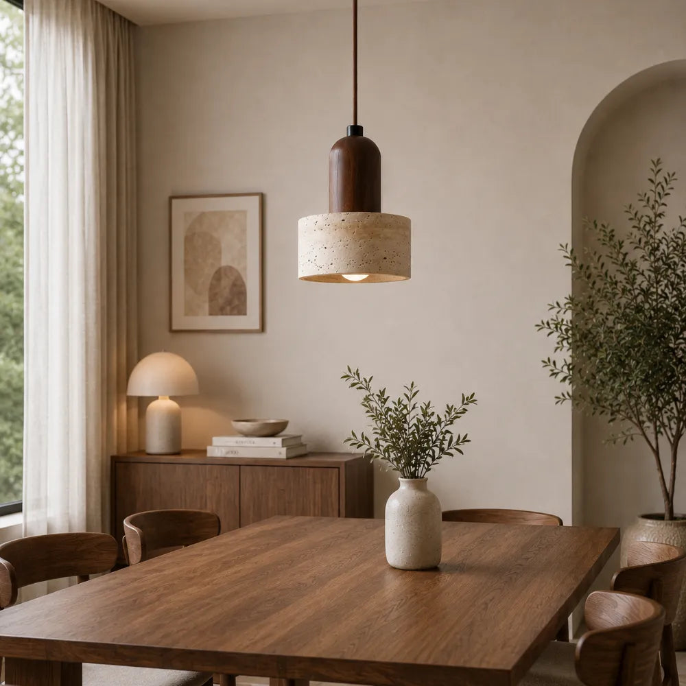 Suspension en travertin & bois design épuré | Løvik