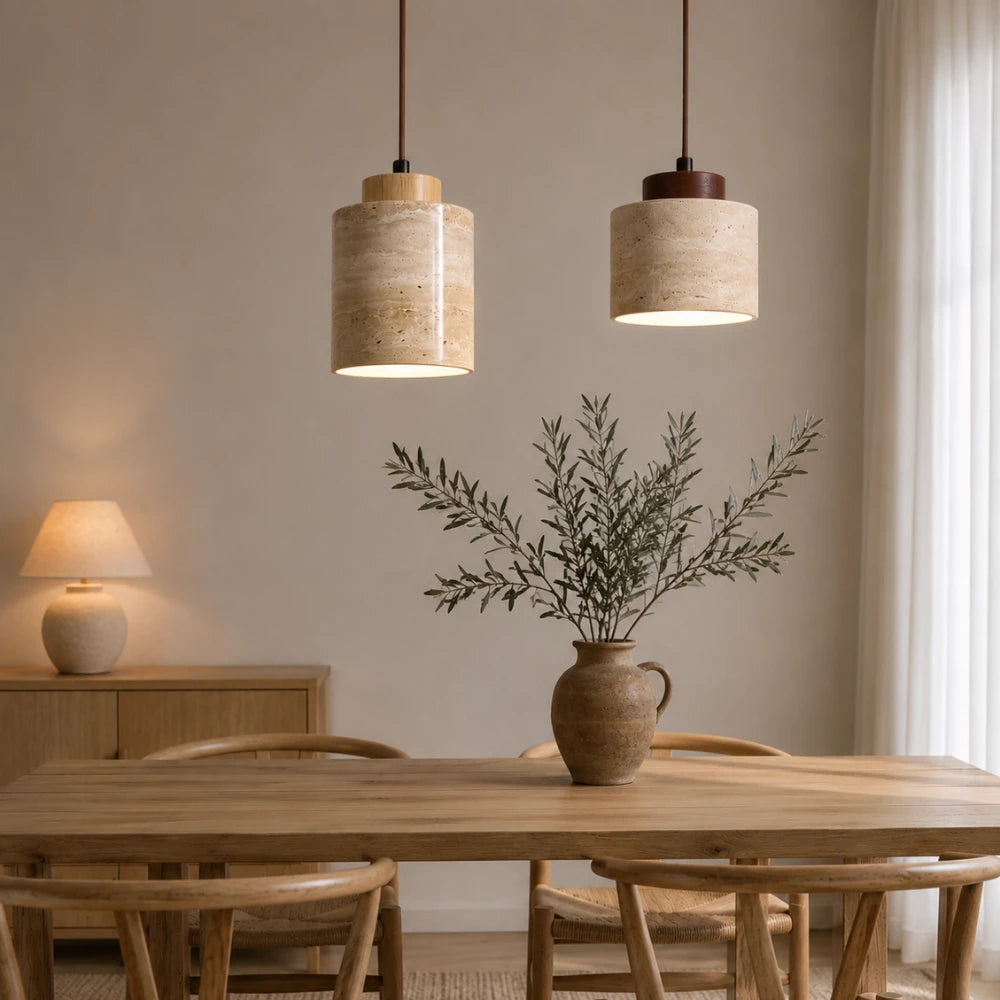 Suspension en travertin & bois design minimaliste | Lumi