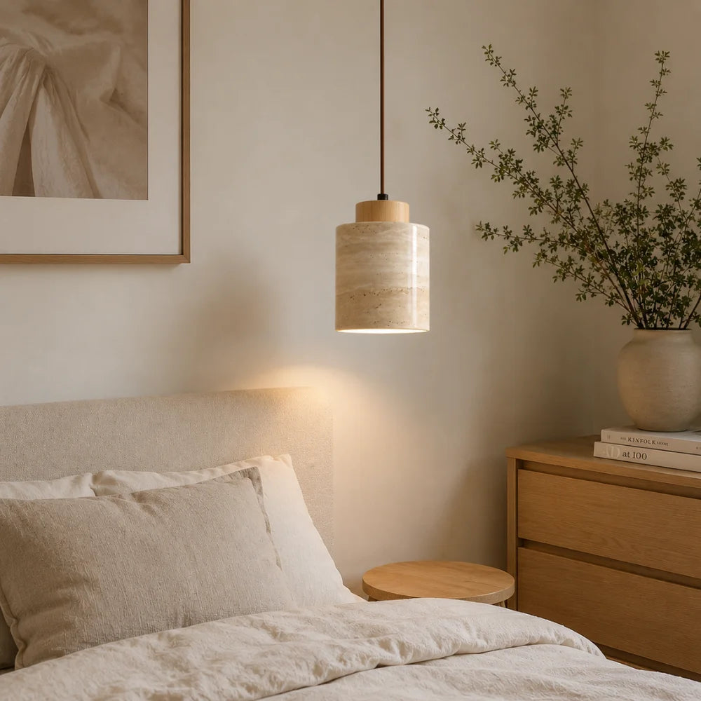Suspension en travertin & bois design minimaliste | Lumi