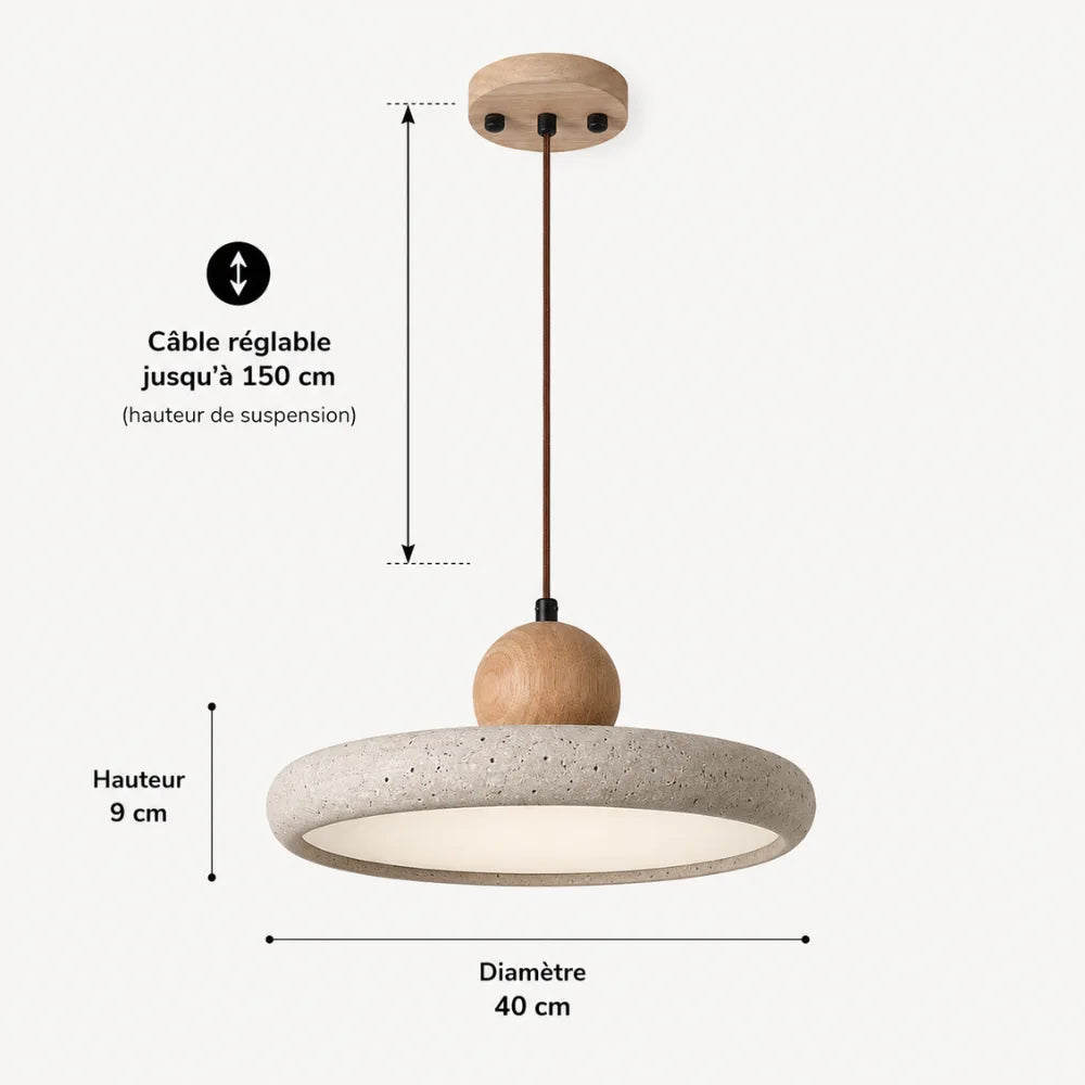 Suspension design scandinave en travertin & bois Ø 30 cm | Lyng