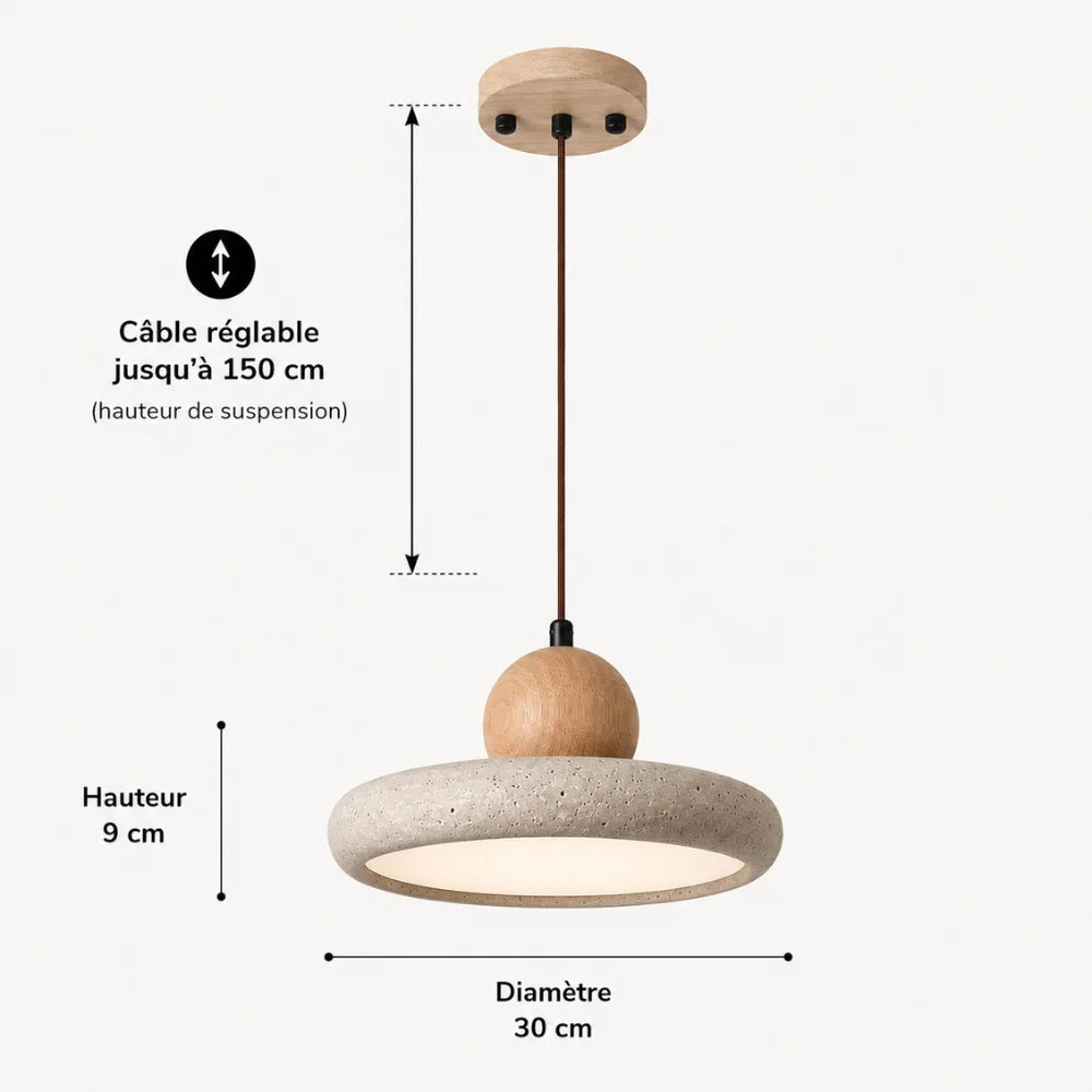 Suspension design scandinave en travertin & bois Ø 30 cm | Lyng