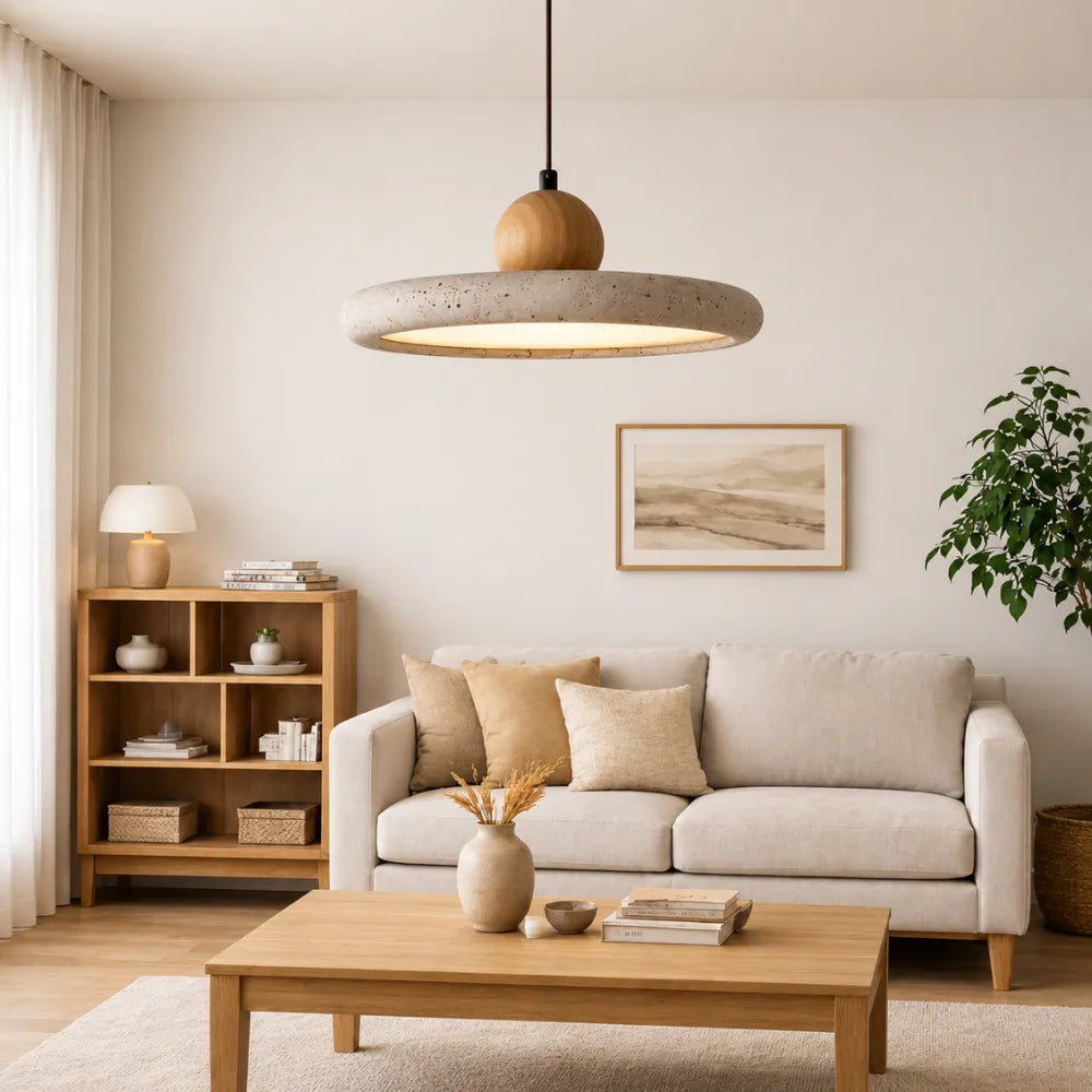 Suspension design scandinave en travertin & bois Ø 30 cm | Lyng