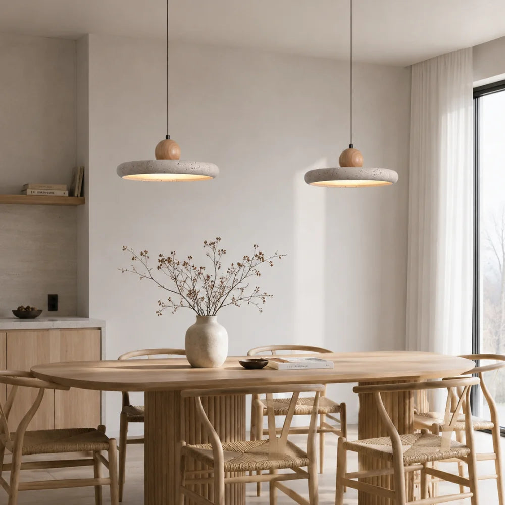 Suspension design scandinave en travertin & bois Ø 30 cm | Lyng
