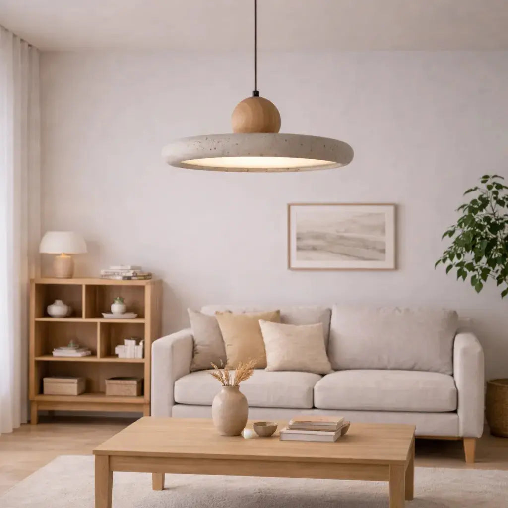 Suspension design scandinave en travertin & bois Ø 30 cm | Lyng NORDSIA