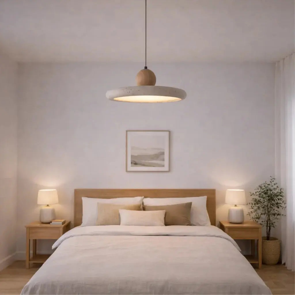 Suspension design scandinave en travertin & bois Ø 30 cm | Lyng NORDSIA