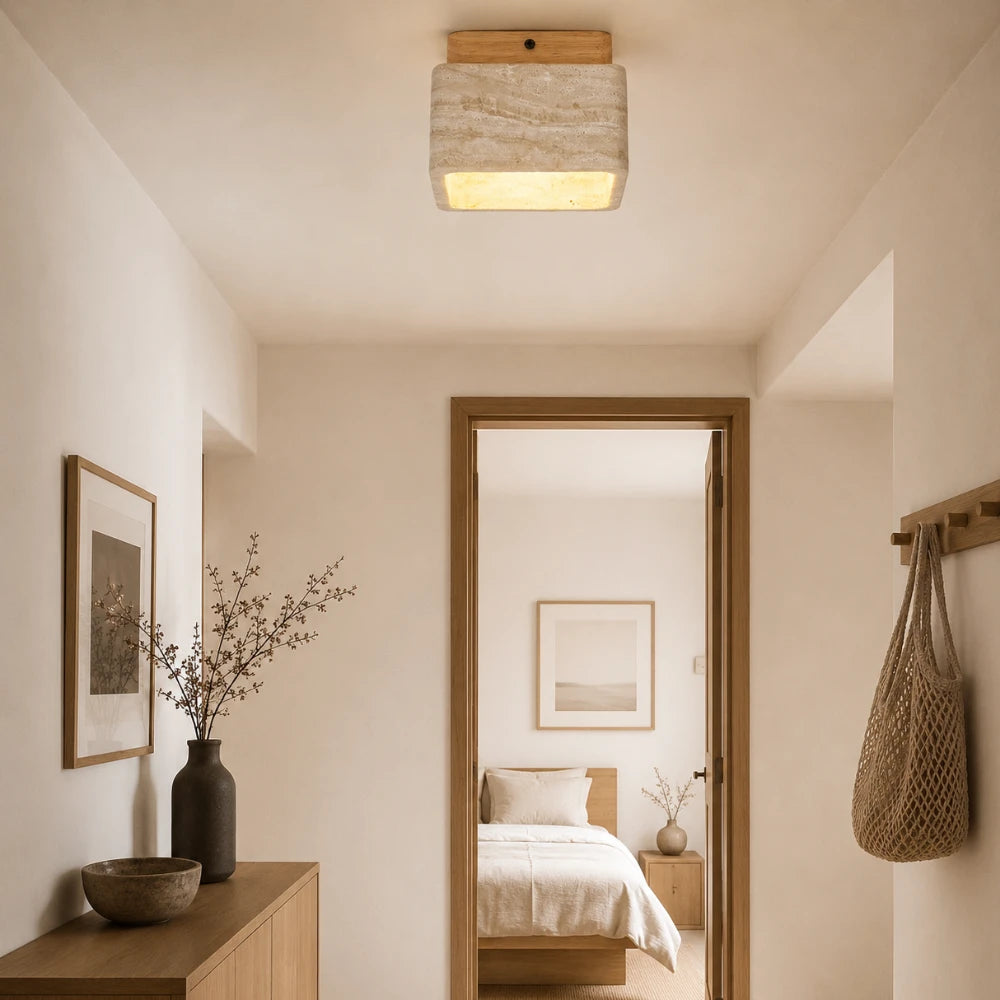 Plafonnier travertin & bois design nordique | Nidar