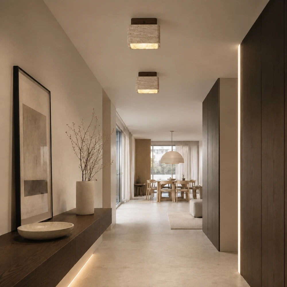 Plafonnier travertin & bois design nordique | Nidar