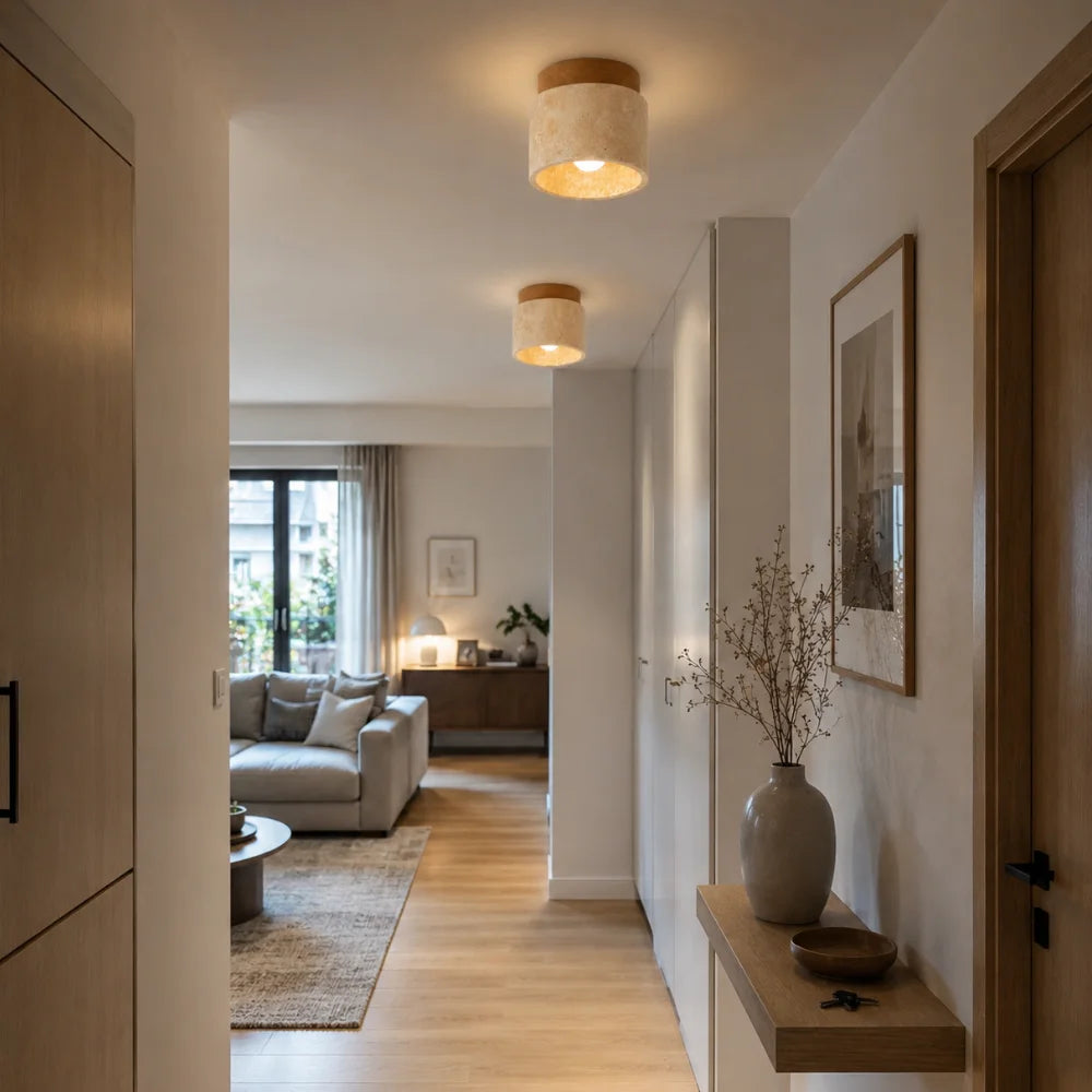 Plafonnier en travertin & bois scandinave | Noor