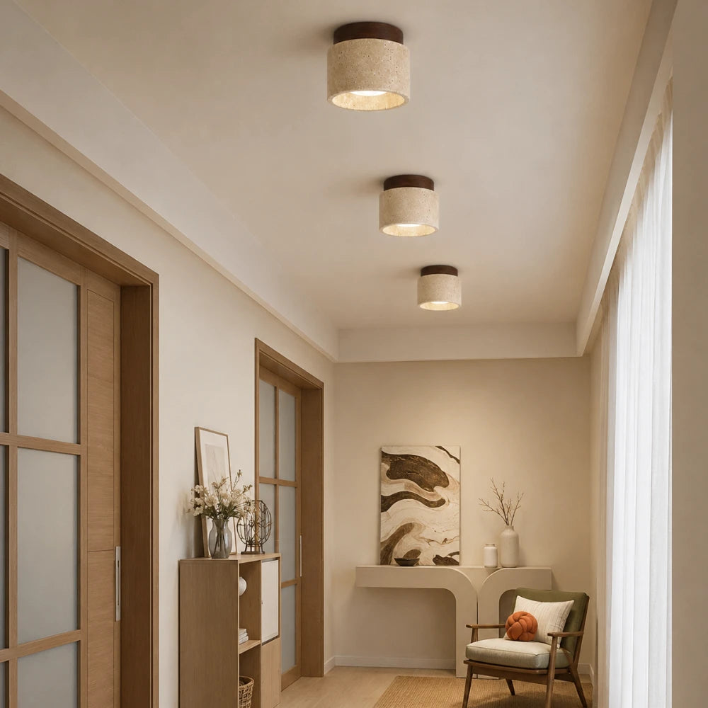 Plafonnier en travertin & bois scandinave | Noor