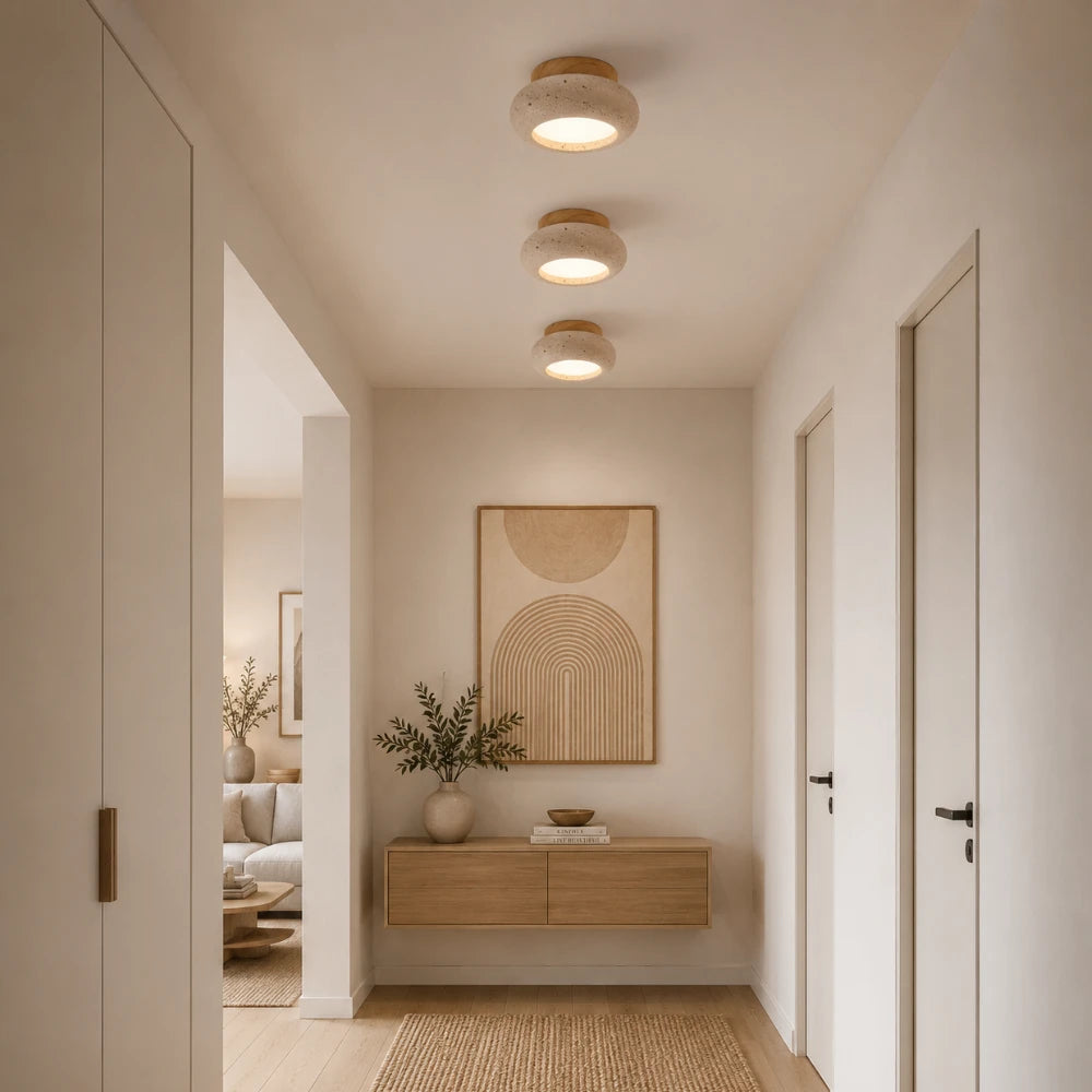 Plafonnier moderne en travertin & bois | Norden