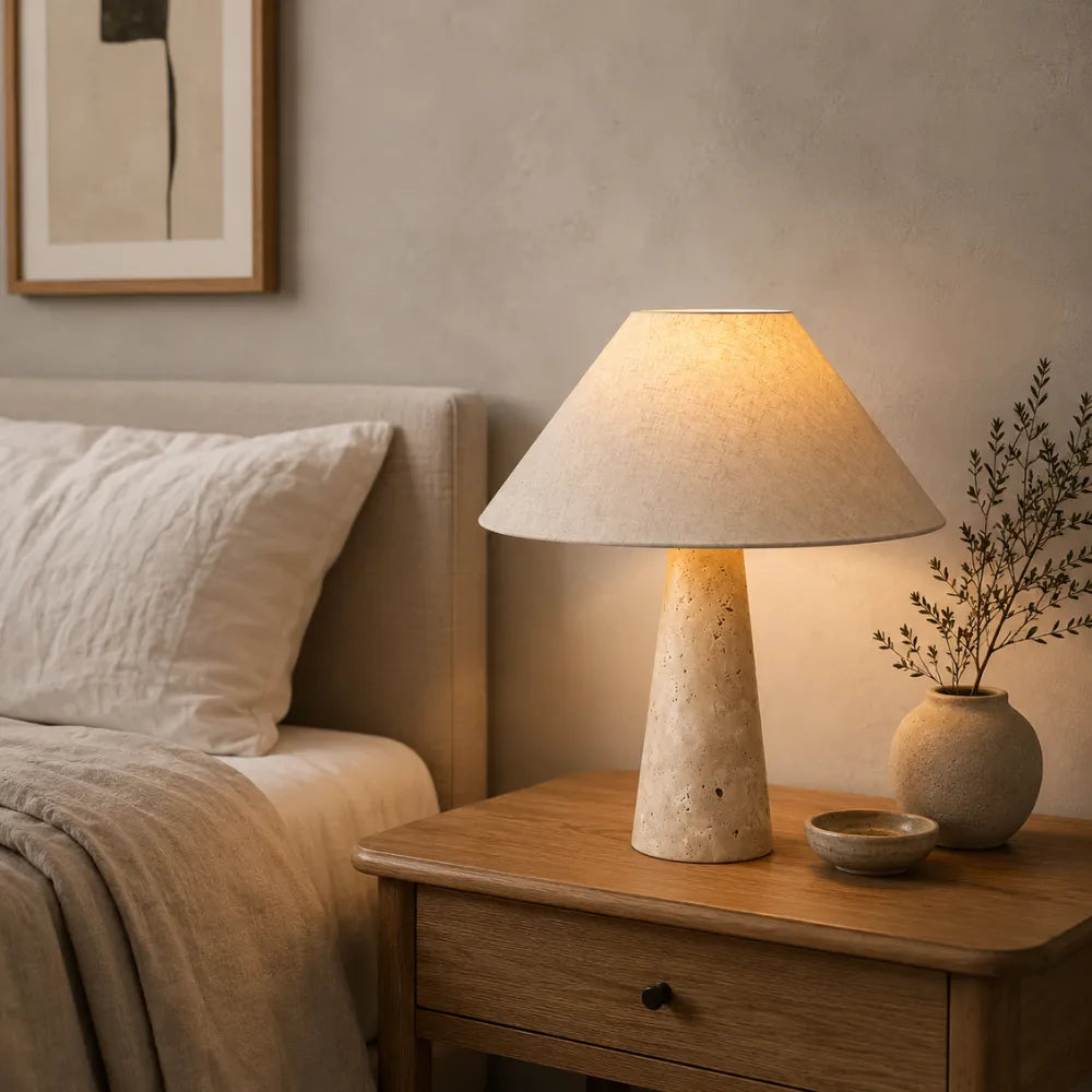 Lampe de chevet design en travertin & tissu | Sila