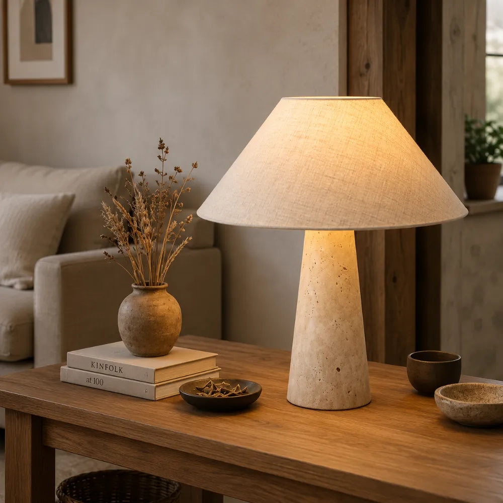 Lampe de chevet design en travertin & tissu | Sila