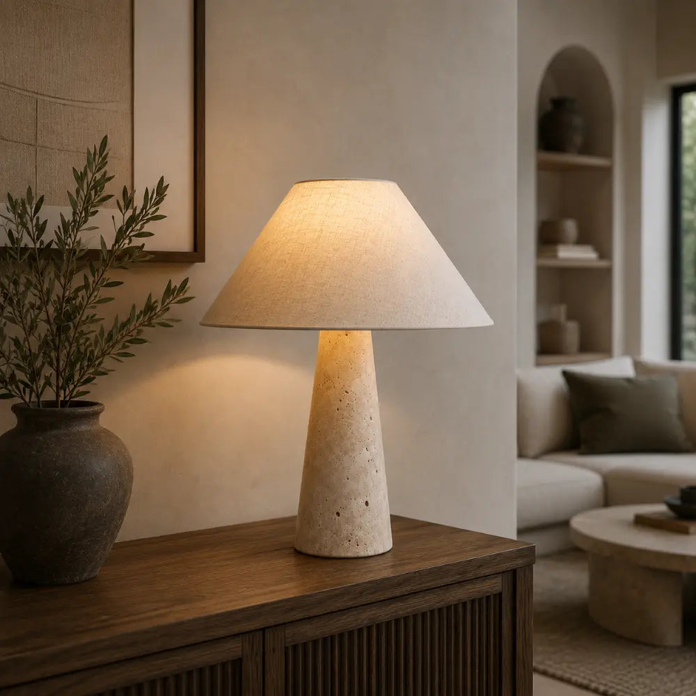 Lampe de chevet design en travertin & tissu | Sila