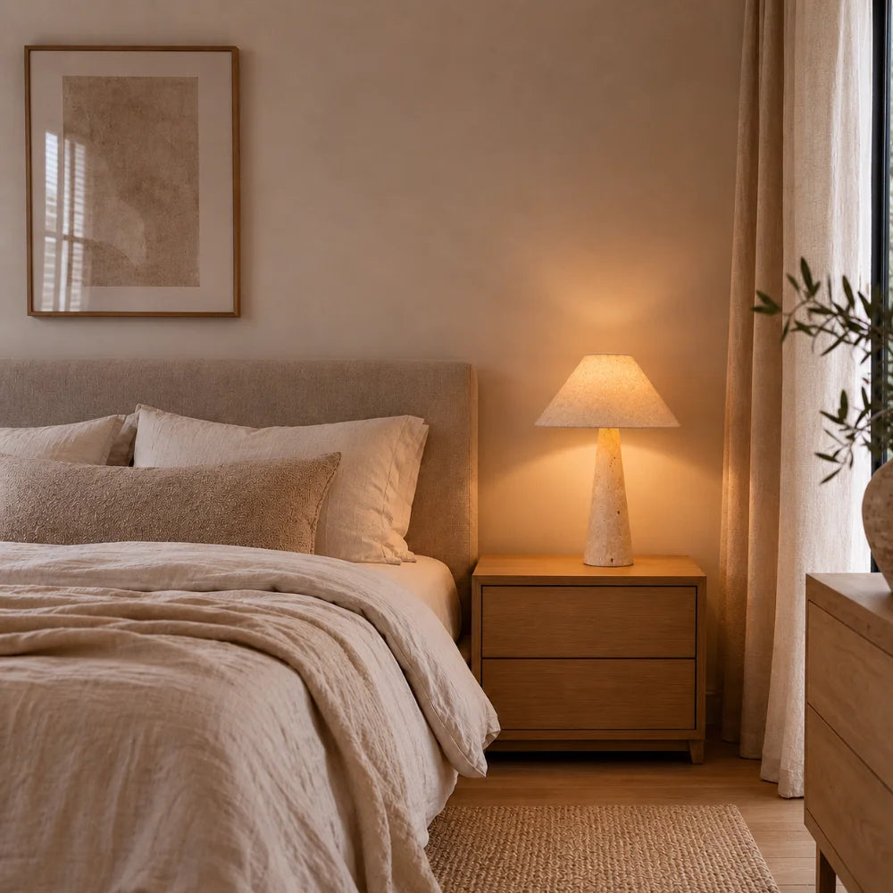 Lampe de chevet design en travertin & tissu | Sila