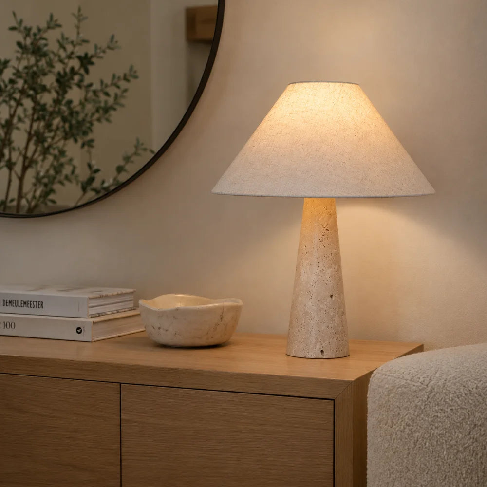 Lampe de chevet design en travertin & tissu | Sila